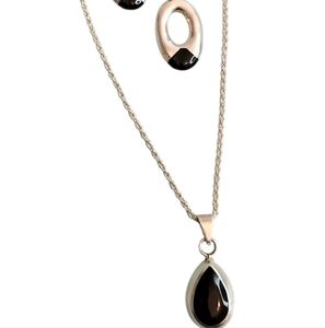MEXICO 925 Sterling Silver  Vintage Black Onyx Tear Drop Pendant And Earrings